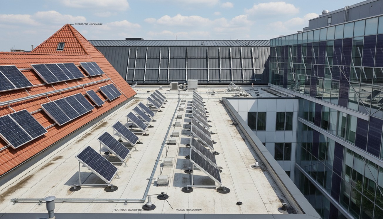 Flat plate collector mounting options on pitched roofs, flat roofs, and building facades for solar thermal roof layout planning